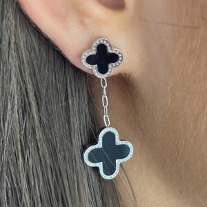 Stainless Steel Clover Drop Earrings - Black Silver